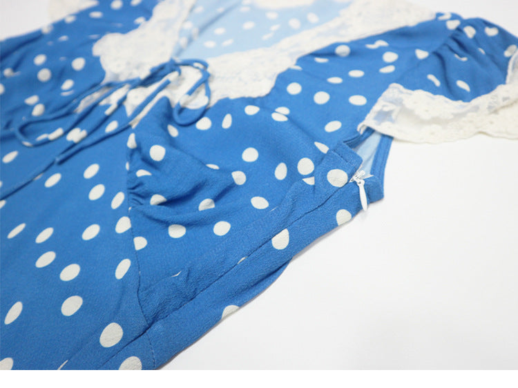 Flowering Girl Women Lyuba Polka Dot Lace-Trimmed V-Neck Maxi Dress In Blue