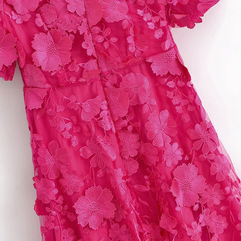 Modesty Puff Sleeve V-Neck Embroidery Midi Dress In Rose Red