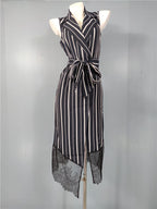 Sleeveless Striped Blazer Midi Dress with Lace Trim