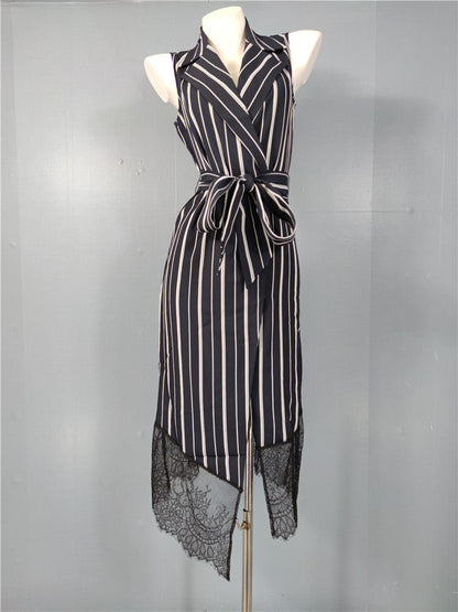 Sleeveless Striped Blazer Midi Dress with Lace Trim