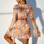 Flowering Girl Women printed long-sleeve split cover-up bikini