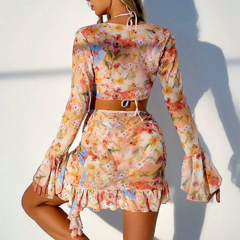 Flowering Girl Women printed long-sleeve split cover-up bikini