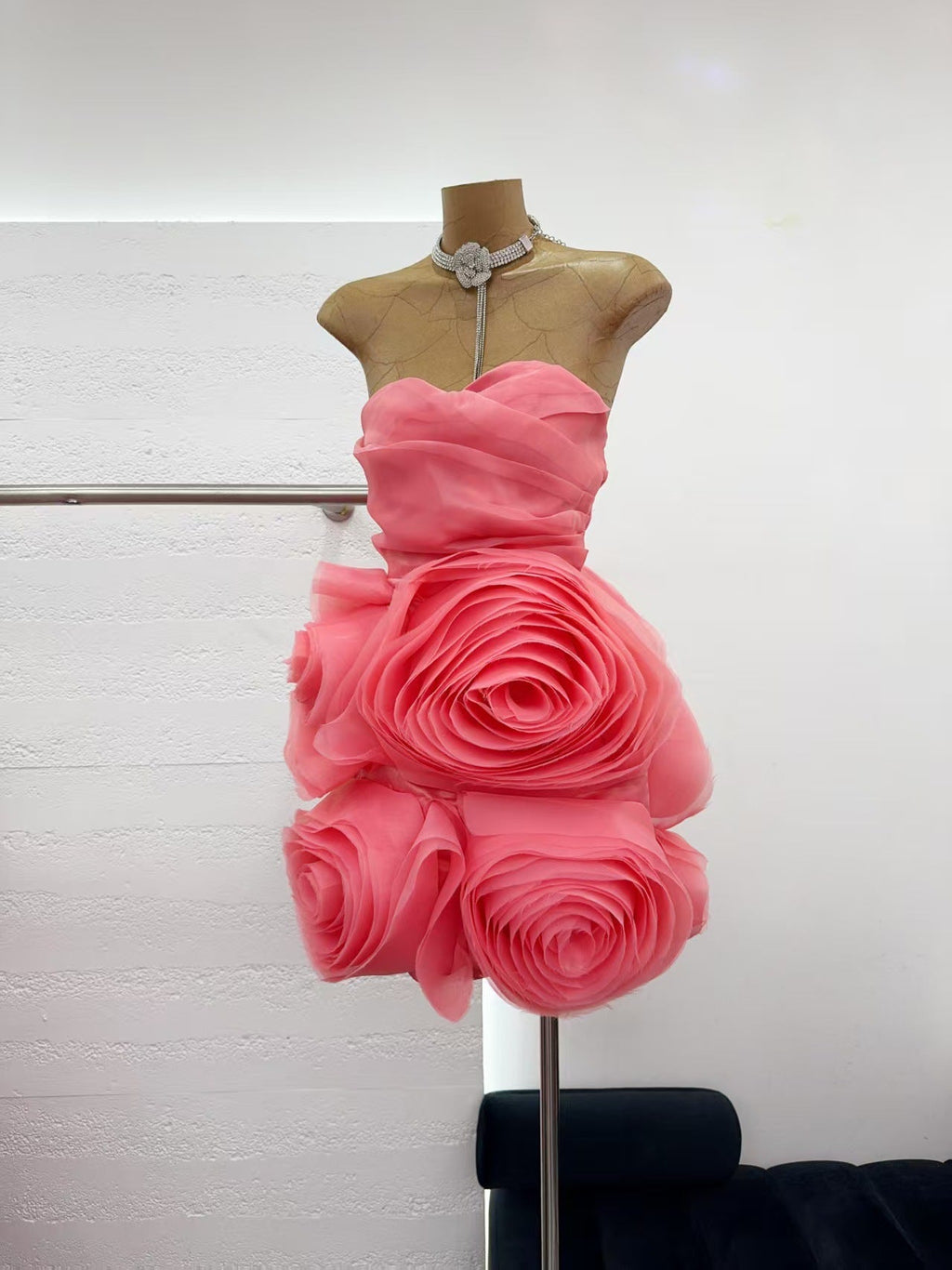 Georgia Appliquéd Organza Coral Mini Dress