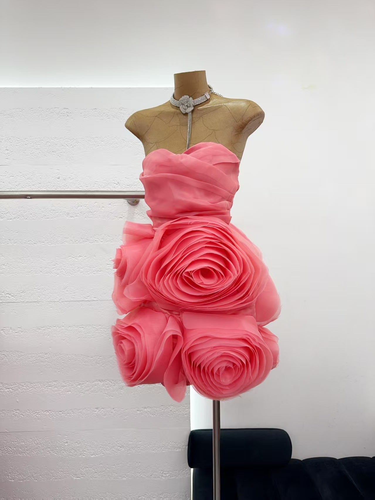 Georgia Appliquéd Organza Coral Mini Dress