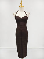 chocolate halter bodycon midi bandage dress