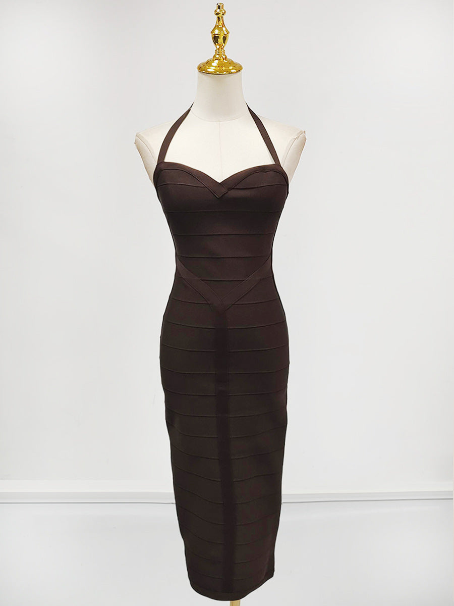 Flowering Girl Women Chocolate Halter Bodycon Midi Bandage Dress