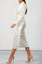 Flowering Girl Women High-Waisted Skirt Gold Sequin Print Blazer Suit In White