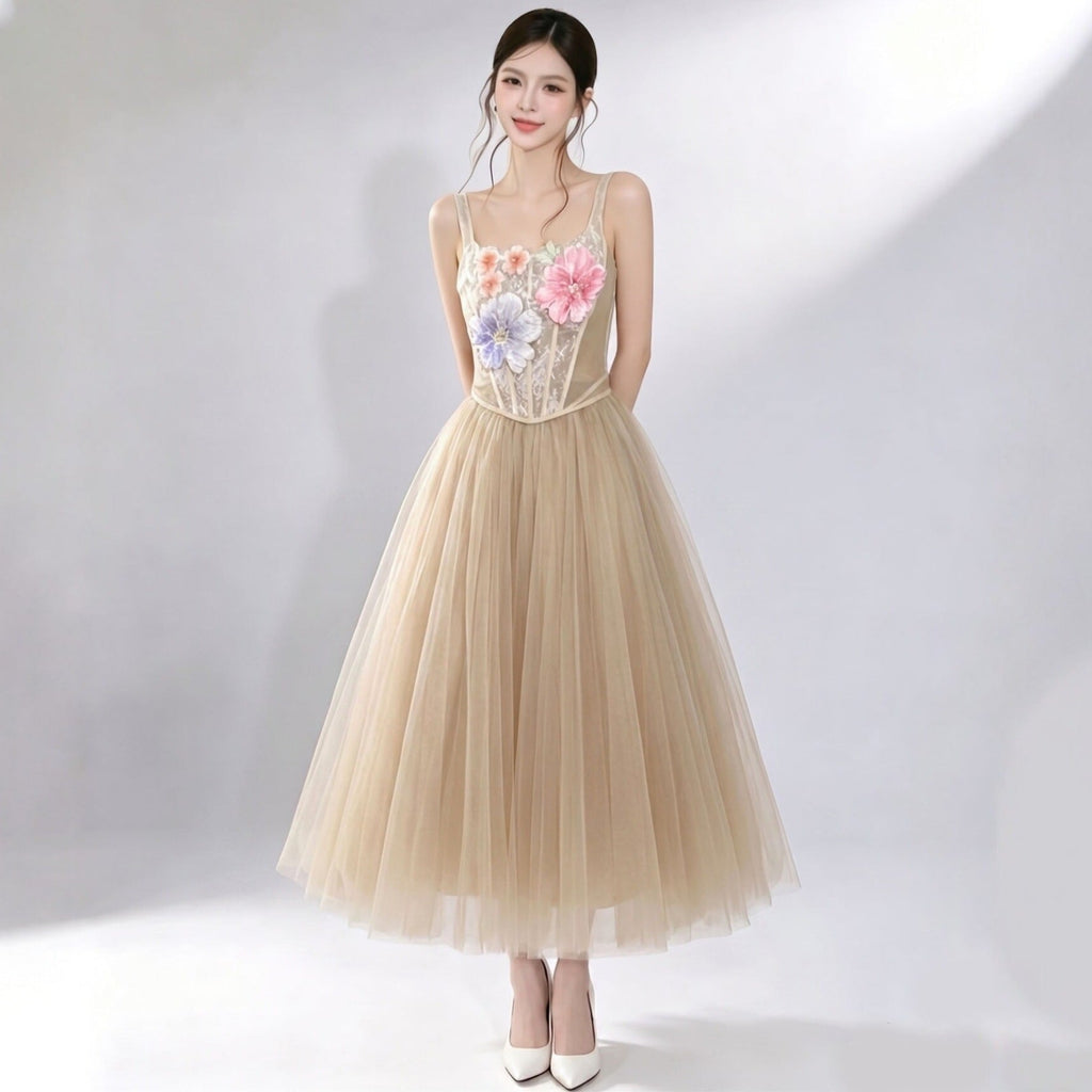 3D floral camisole top & tulle skirt set -  champagne