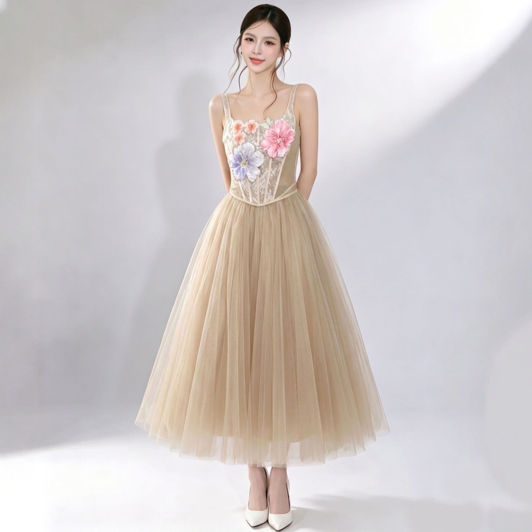 3D floral camisole top & tulle skirt set -  champagne