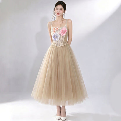 3D floral camisole top & tulle skirt set -  champagne