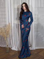 Long Sleeve Round Neck Ice Silk Breathable Flower Print maxi Dress