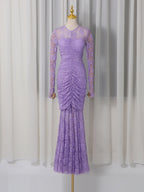 Flowering Girl Women Penny Lace Hollow Ruched Bodycon Long Sleeve Maxi Dress In Purple