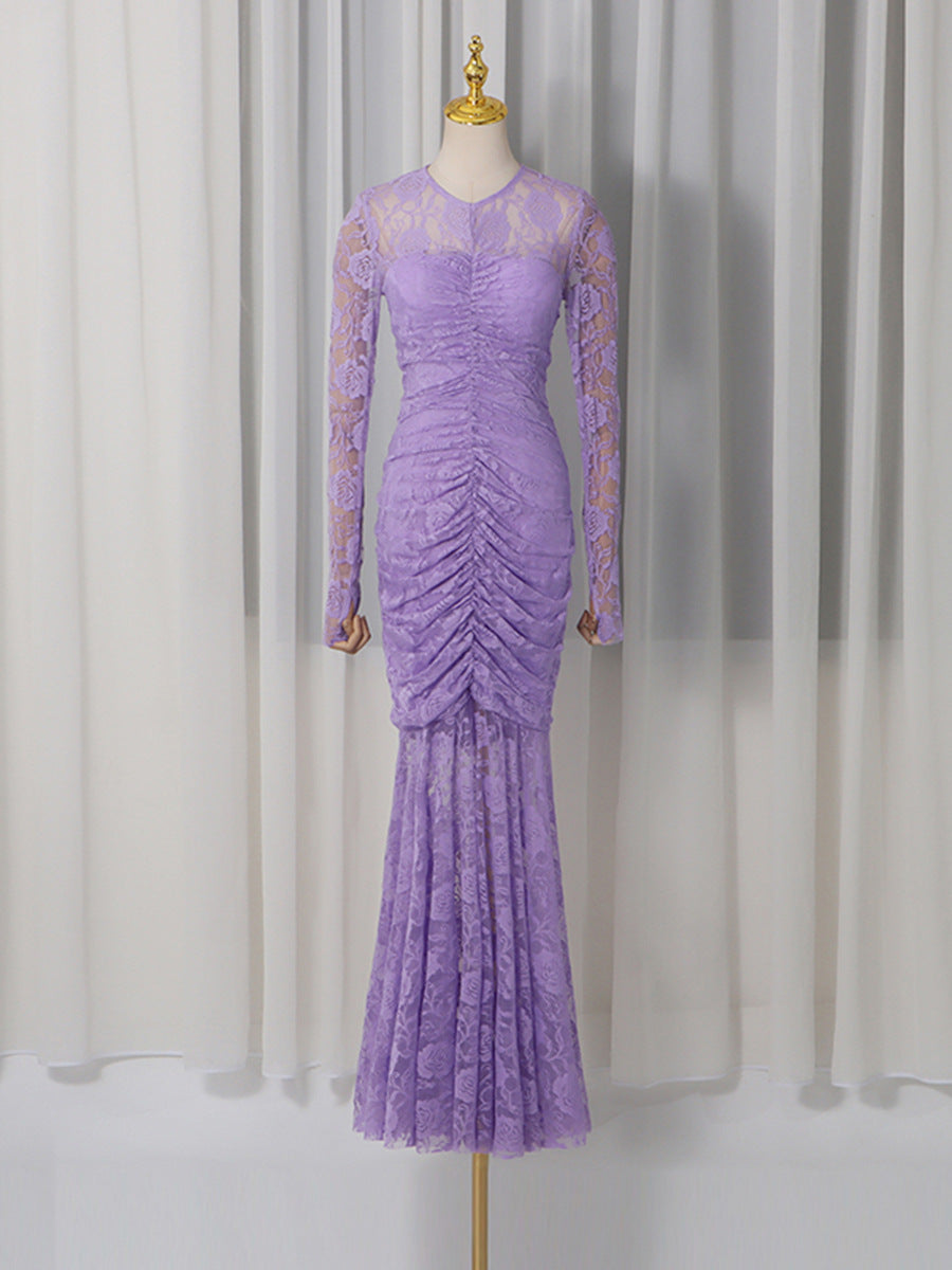 Flowering Girl Women Penny Lace Hollow Ruched Bodycon Long Sleeve Maxi Dress In Purple
