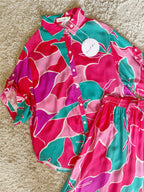 Vibrant Tropical Leaf Print Shirt & Wide Leg Pants Two-Piece Set