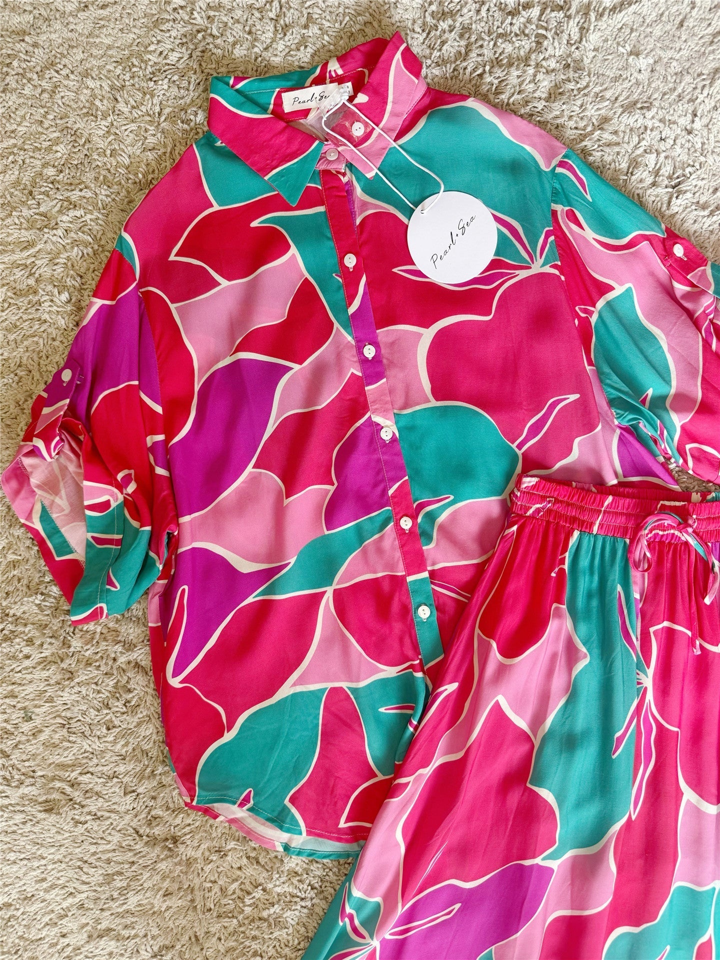 Vibrant Tropical Leaf Print Shirt & Wide Leg Pants Two-Piece Set