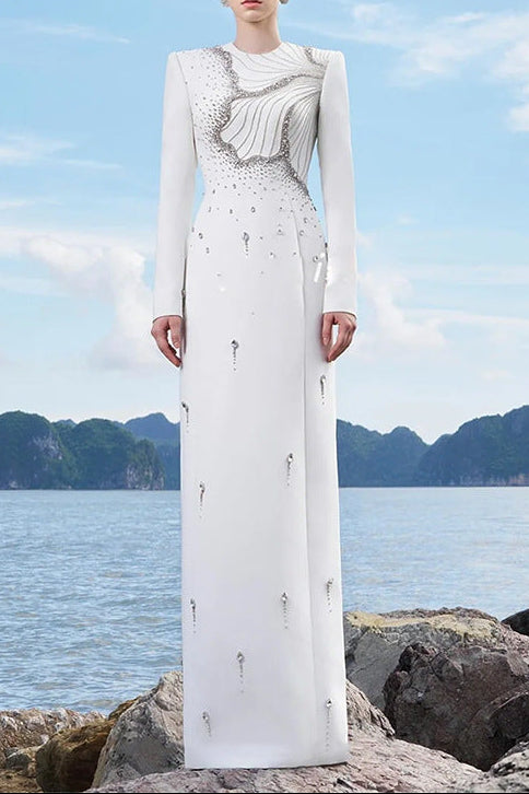 Flowering Girl Women white long sleeve embellished maxi dress