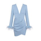 deep V-neck feather sleeve blazer mini dress - Light blue