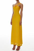 Flowering Girl Women One-Shoulder Flower a-Line Maxi Dress In Yellow