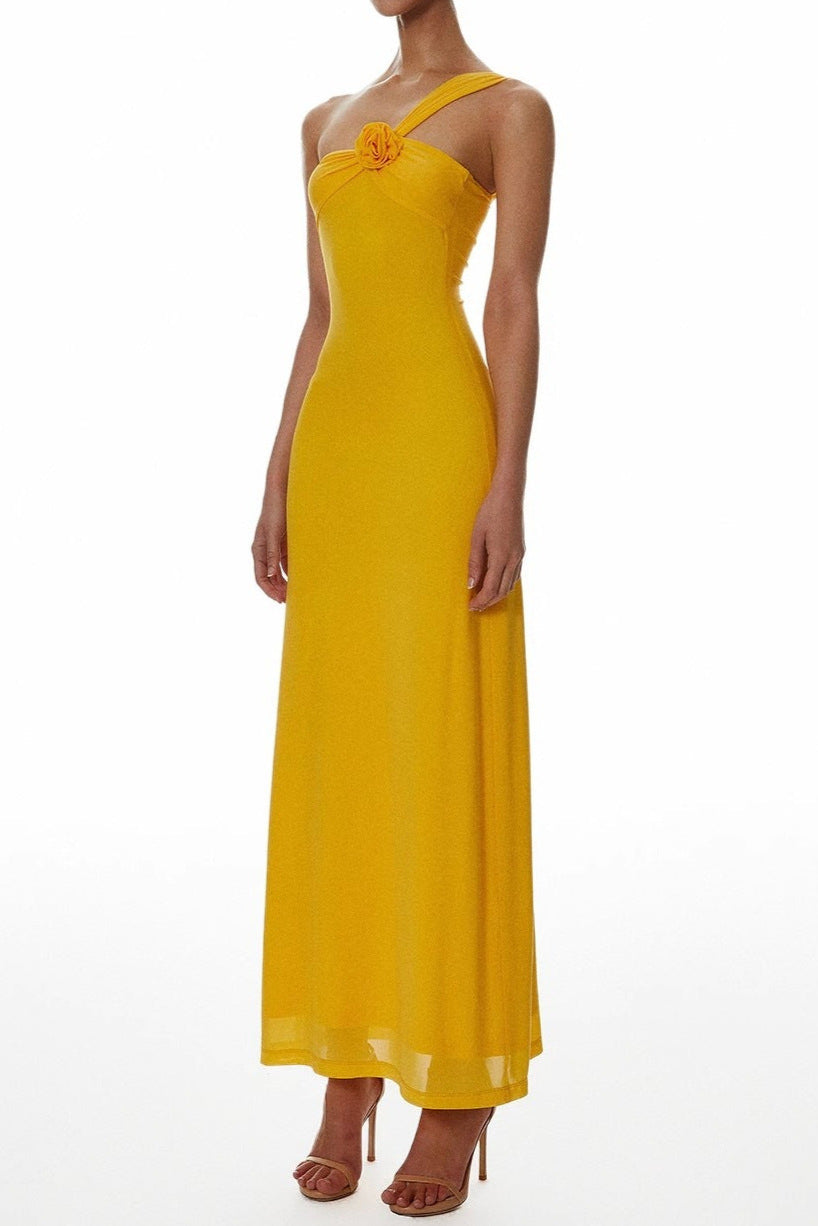 Flowering Girl Women One-Shoulder Flower a-Line Maxi Dress In Yellow