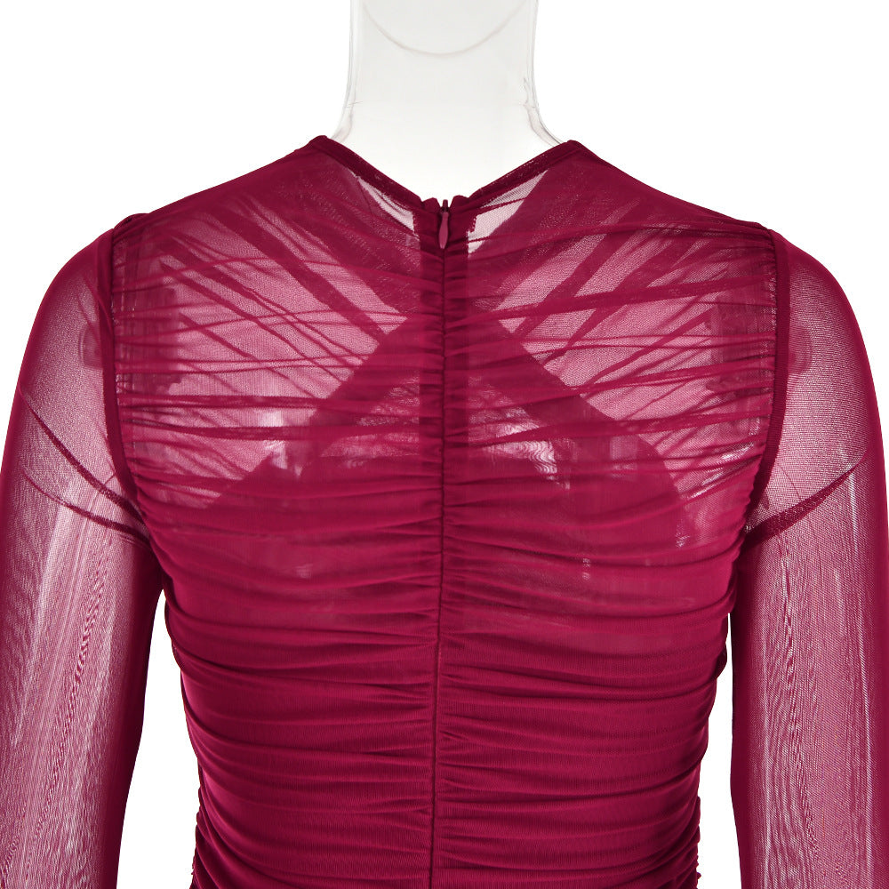 Flowering Girl Women LONG SLEEVE RUCHED MESH DRESS IN WINE