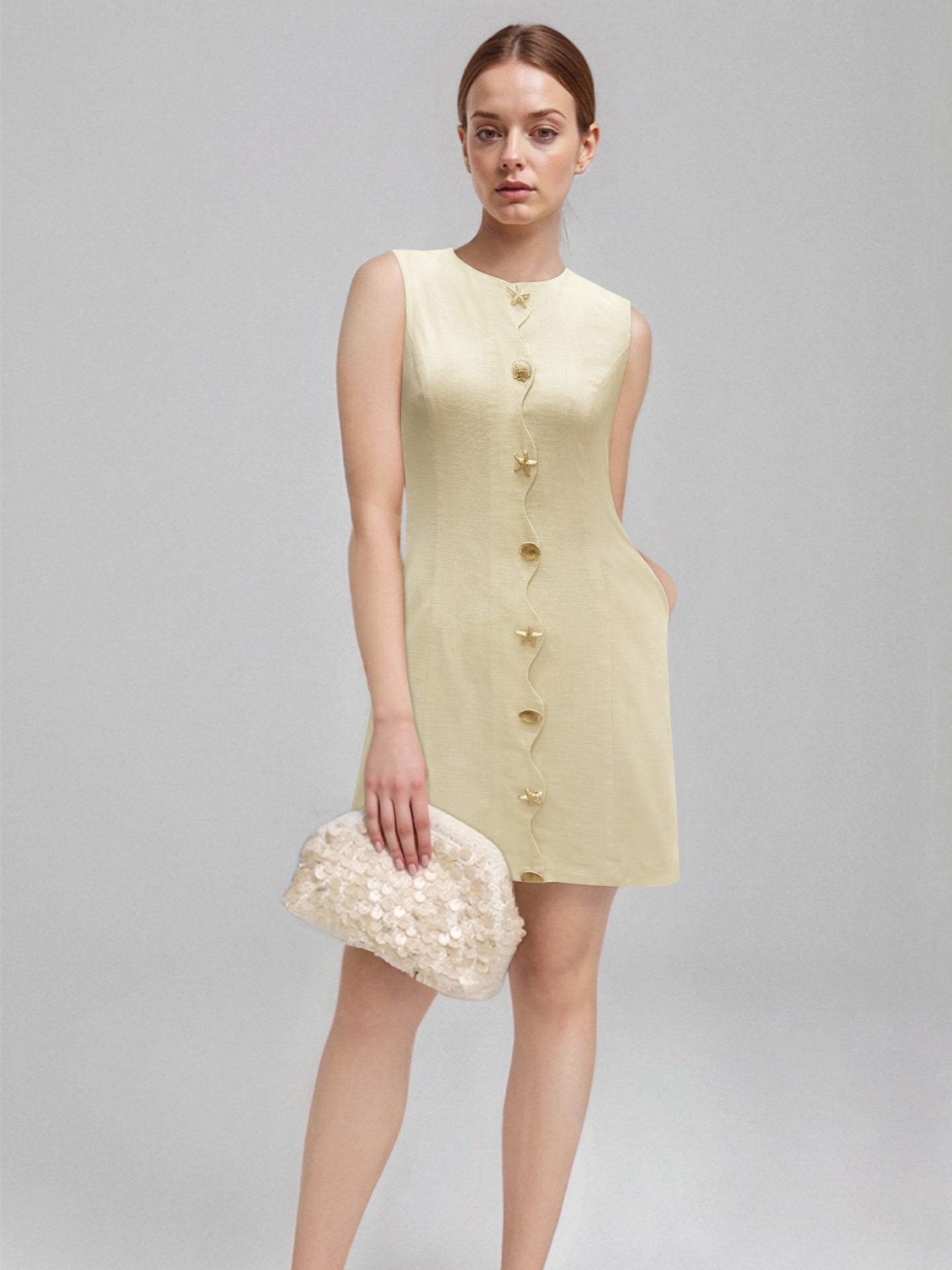 Flowering Girl Women Pale Yellow Sleeveless Round Neck Star Shell Button Straight Mini Dress