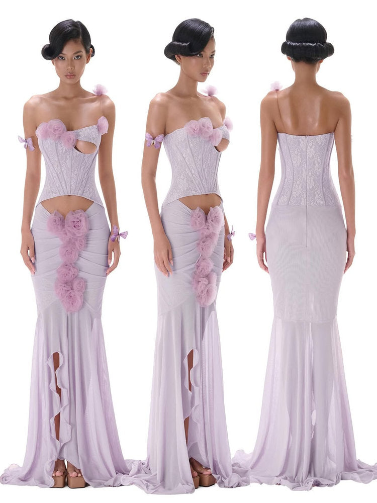 Sigrid 3d Flower Strapless Fishtail Maxi Dress In Purple