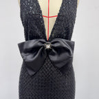 rebecca bow sequin embellished v neck maxi dress in black
