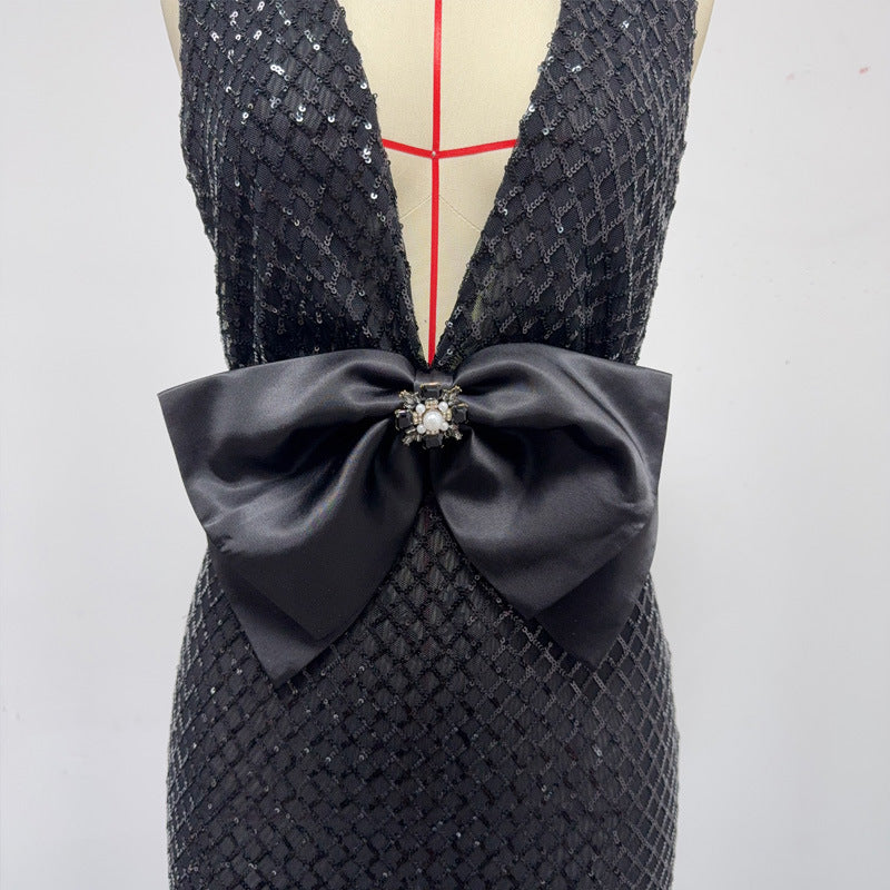 Flowering Girl Women Rebecca Bow Sequin Embellished v Neck Maxi Dress In Black