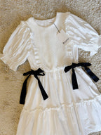 bow ruffled lantern sleeve pocket cotton dress