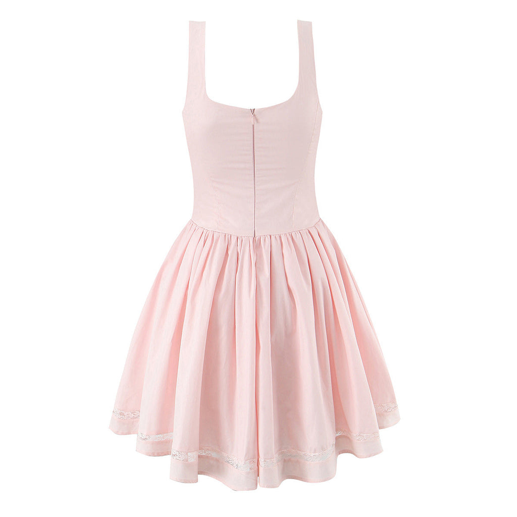 Flowering Girl Women Bow Strap Lace Trim Mini Skater Dress