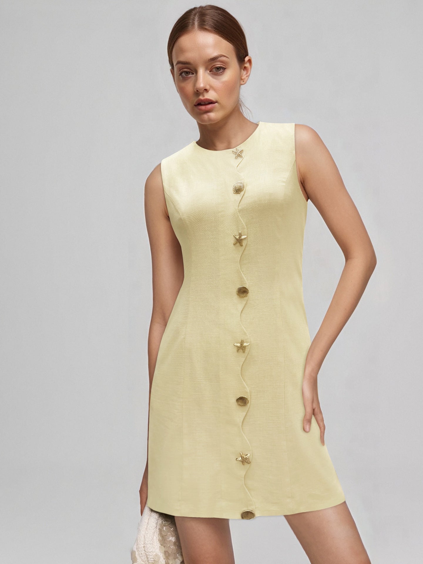 Flowering Girl Women Pale Yellow Sleeveless Round Neck Star Shell Button Straight Mini Dress