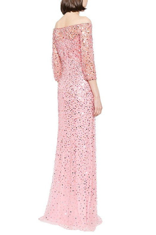 pink one-line neck nail bead sequin mesh long dress