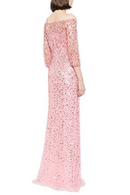 pink one-line neck nail bead sequin mesh long dress