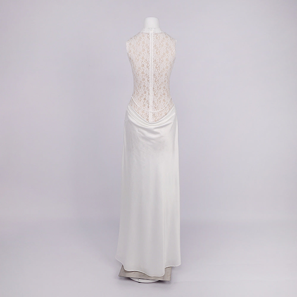 giselle flower embellished sleeveless lace maxi dress  in white