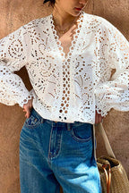 White V-Neck Eyelet Lace Blouse With Balloon Sleeves
