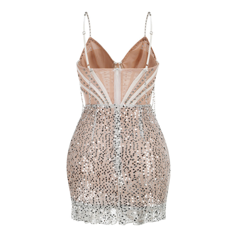 Flowering Girl Women annabelle Smot Shoulder Chain Rhinestone Sequin Dress