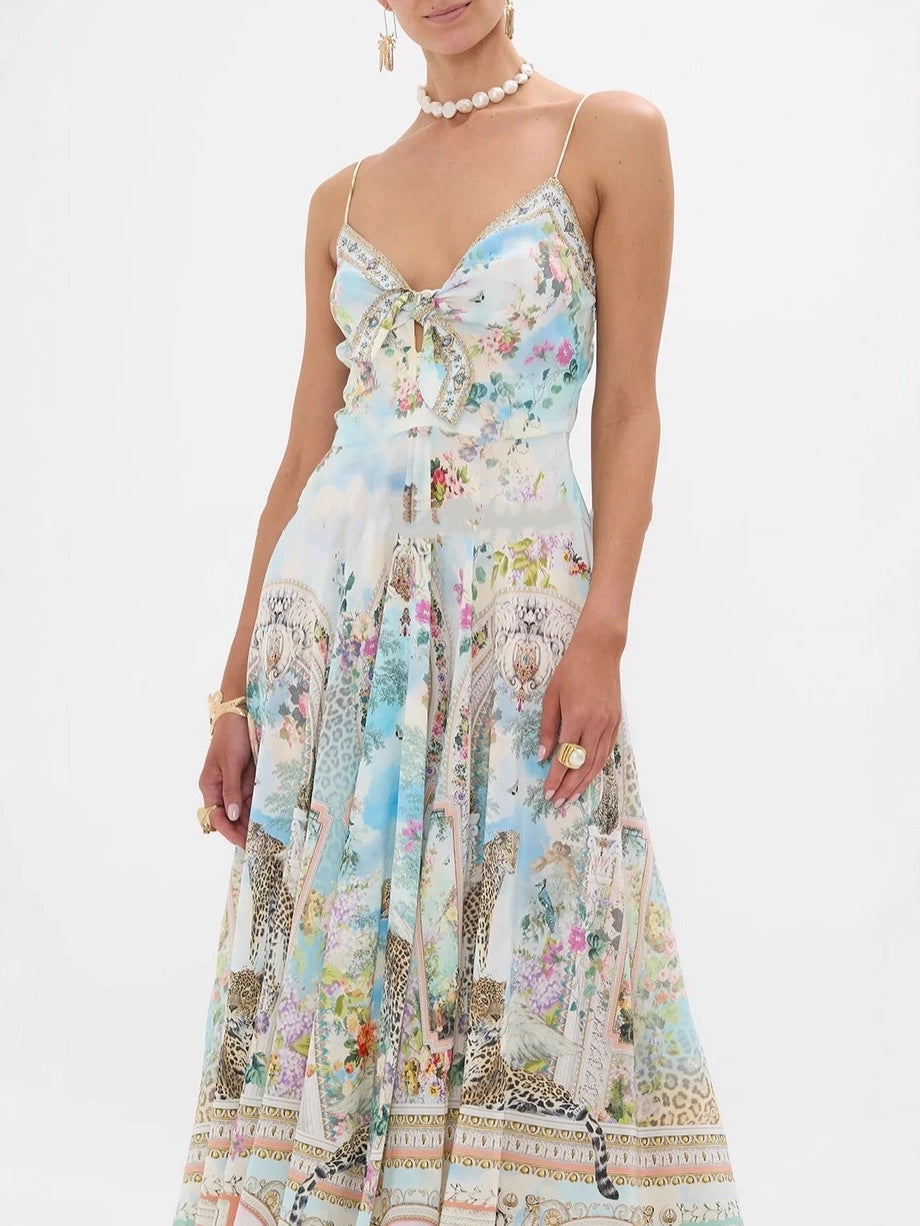 Flowering Girl Women Retro oil painting print halter maxi dress