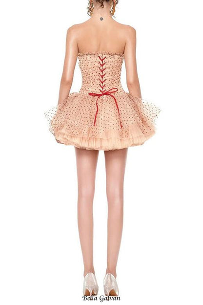 venus Strapless polka dot mesh tulle mini dress - brown