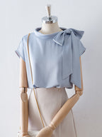 Flowering Girl Women Asymmetrical Side Big Bow Stand Collar Cap Sleeve Satin Blouse