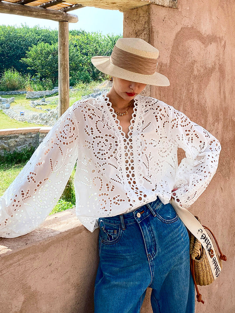 White V-Neck Eyelet Lace Blouse With Balloon Sleeves