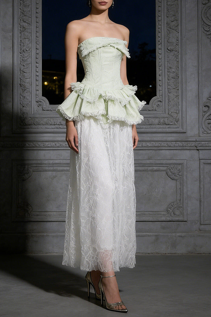 Tiffany Fitted Lace-Paneled Strapless Maxi Dress In Green