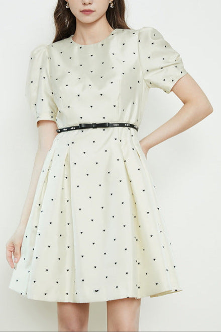Elsie Polka Dot Puff Sleeve Mini Dress In Beige