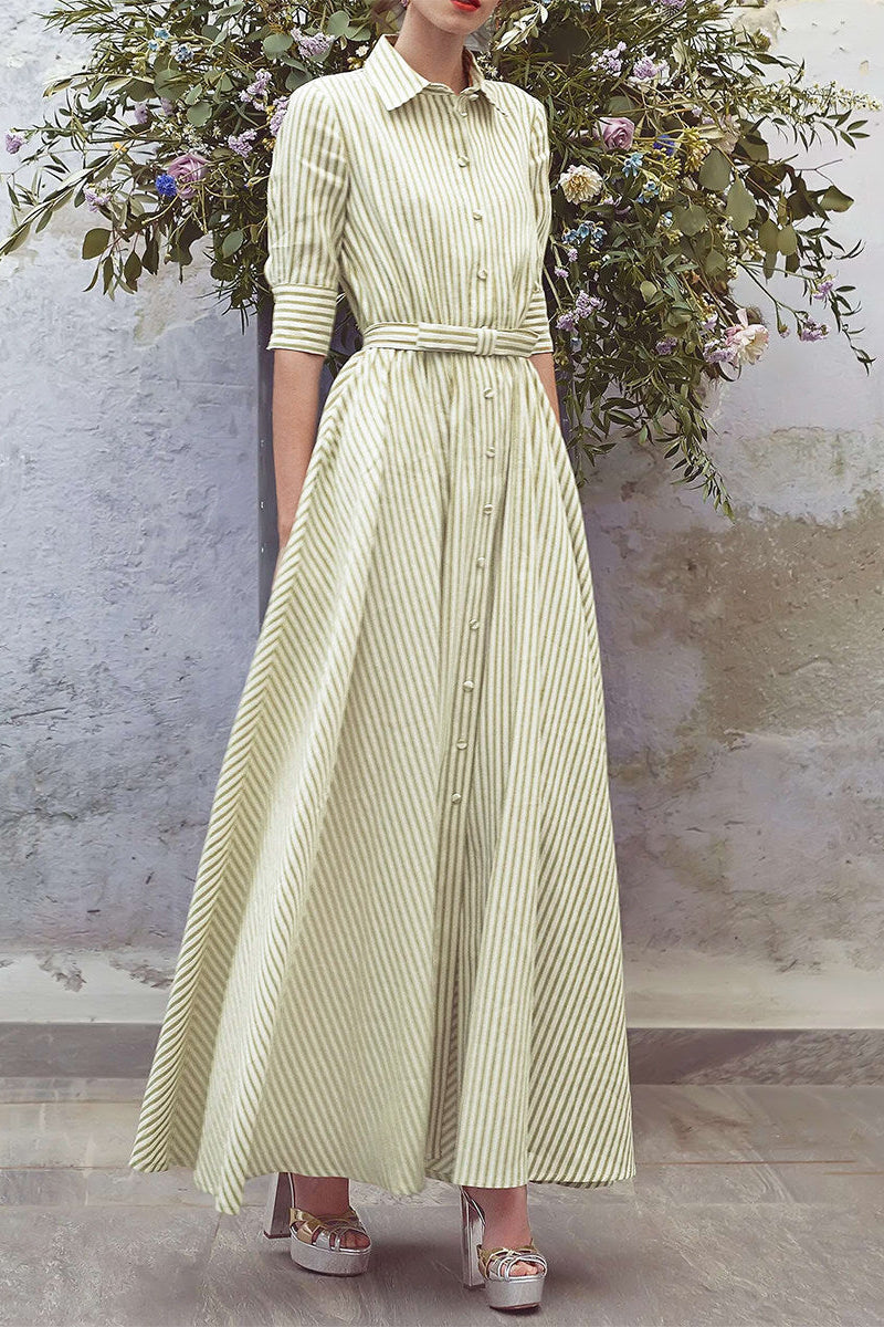 Green Striped Belted Shirt Maxi Dress
