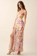 Flowering Girl Women off-shoulder floral print high slit pleated mesh maxi dress