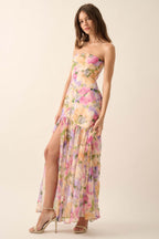 Flowering Girl Women off-shoulder floral print high slit pleated mesh maxi dress