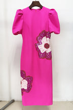 Flowering Girl Women Sequin Flower Embellished Puff Sleeve Midi Dress In Pink