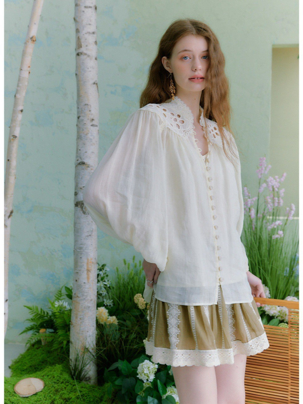Flowering Girl Women beige hollow embroidered lantern sleeve stand-collar ramie shirt