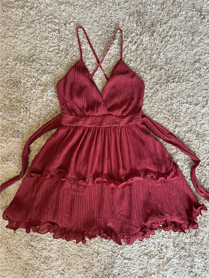 Flowering Girl Women curled V-neck backless bow lace-up dress
