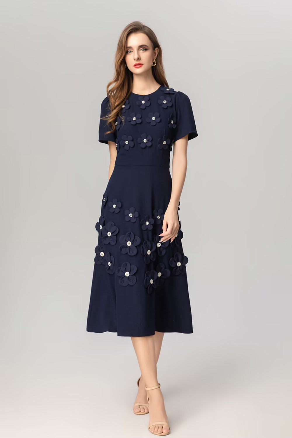 Katherine 3d Flower Appliqué Midi Dress In Navy Blue