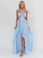 blue Ruffle Strapless Long Chiffon Dress